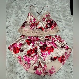 XL La Senza Pink Lace Floral Satin Sleepwear Shorts Set